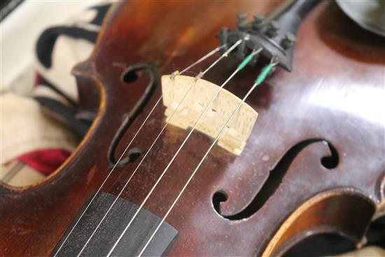 A 19th century violin, with single piece back, stamped Aubert to the bridge, L 365cm (body)